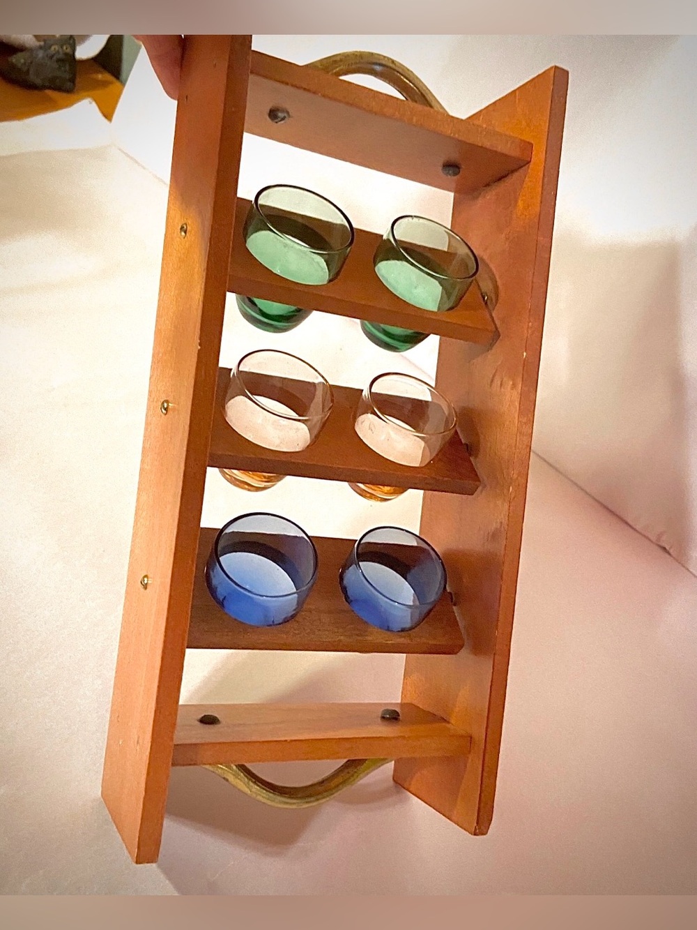 MCM Vintage Wood Folding Shot Glass Rack with 6 Colorful Retro Cordial Glasses